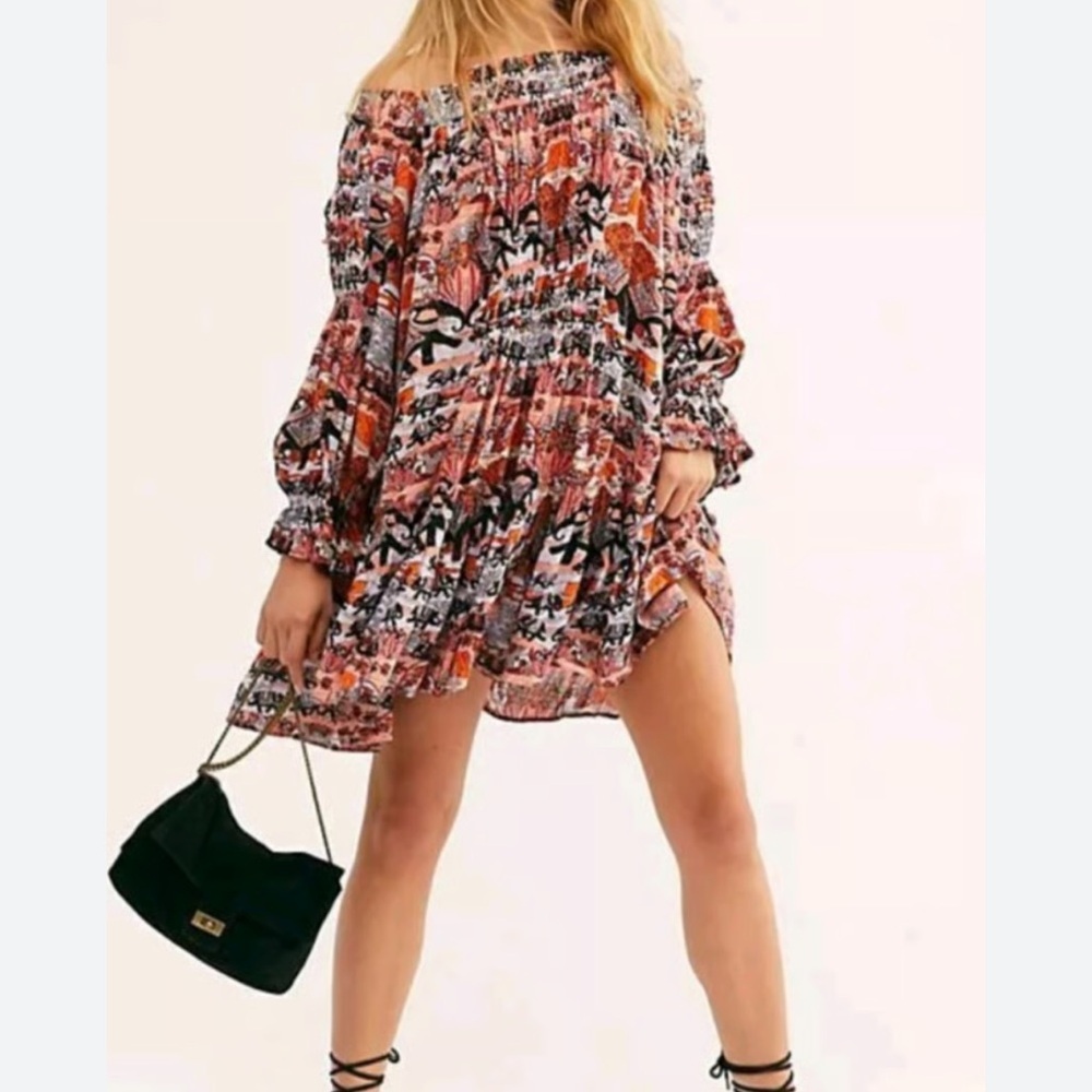 Free People Boho Elephant Off the Shoulder Long Sleeve Smocked Mini Dress M